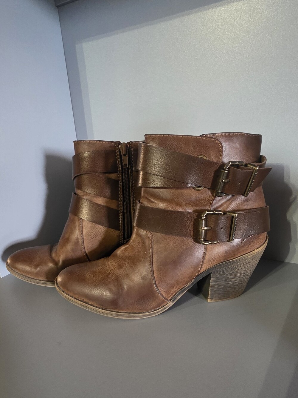 Women's Brown Leather Buckle Ankle Booties